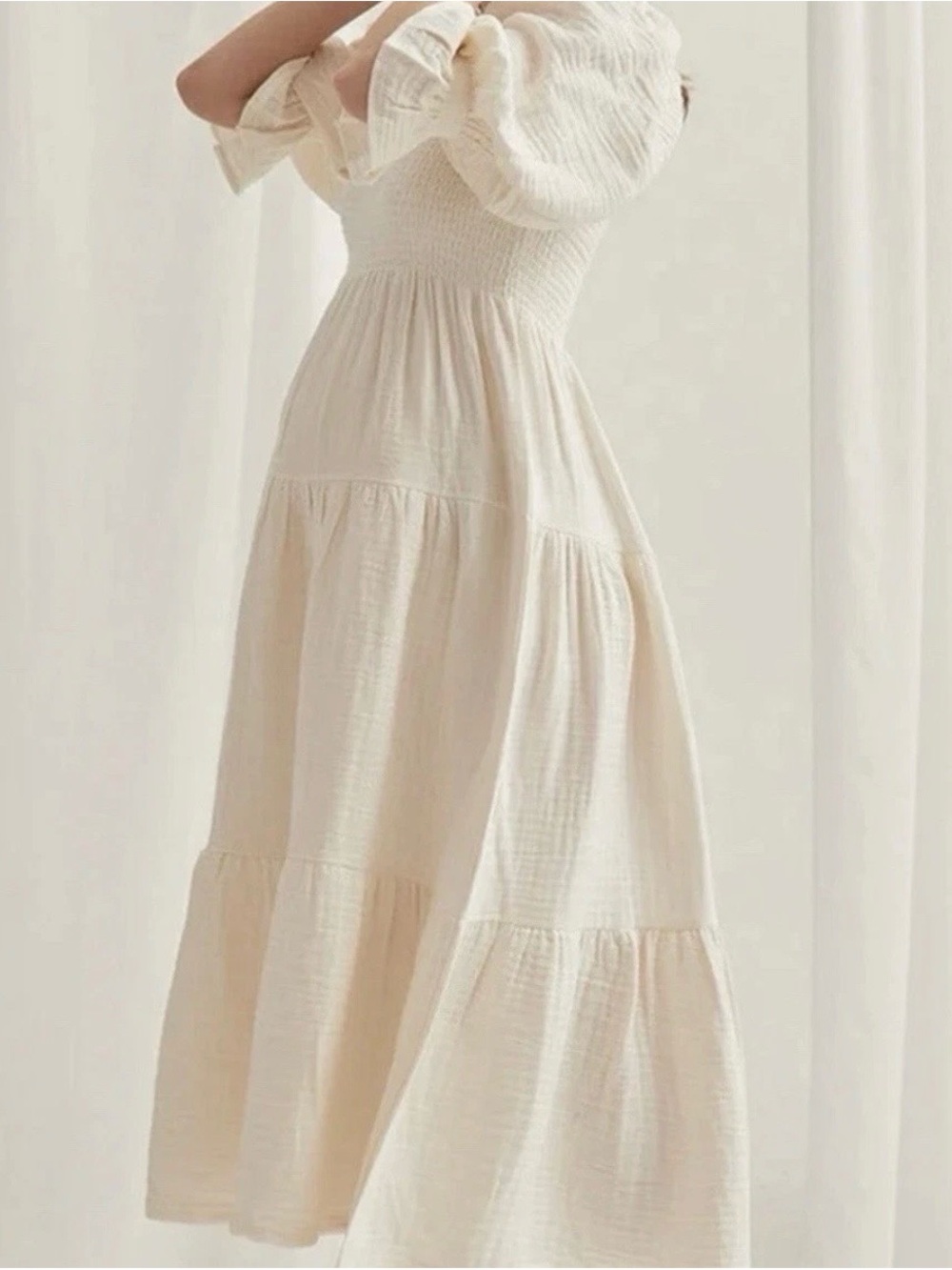 Nothing Fits But Cream Midi Dress L White Cotton Smocked Puff Sleeve Cottagecore